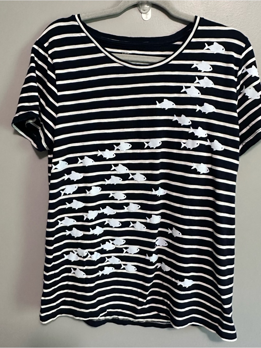 J Crew Collector Tee Graphic Fish Stripe Print Blue Short Sleeve T-Shirt XL